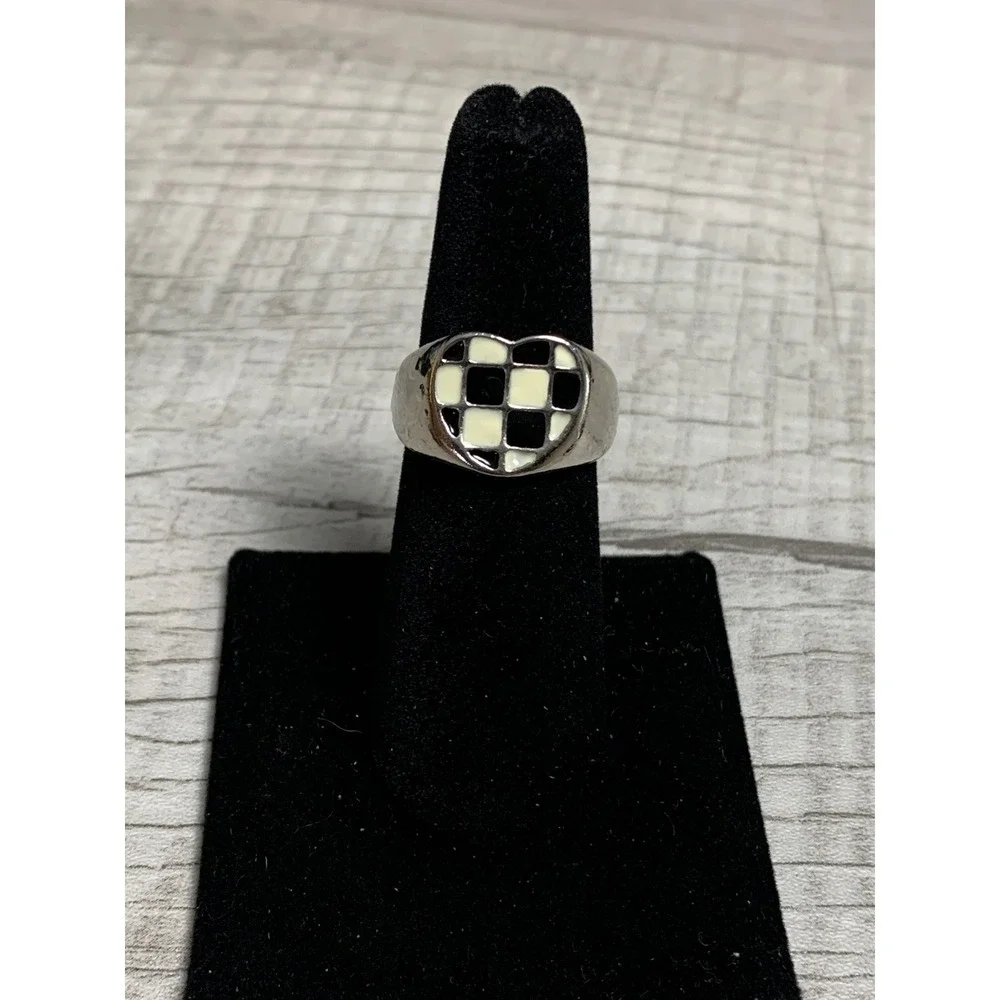 Silver Tone Black White Checkered Heart Enamel Adjustable Ring Size 7 Y2K Retro